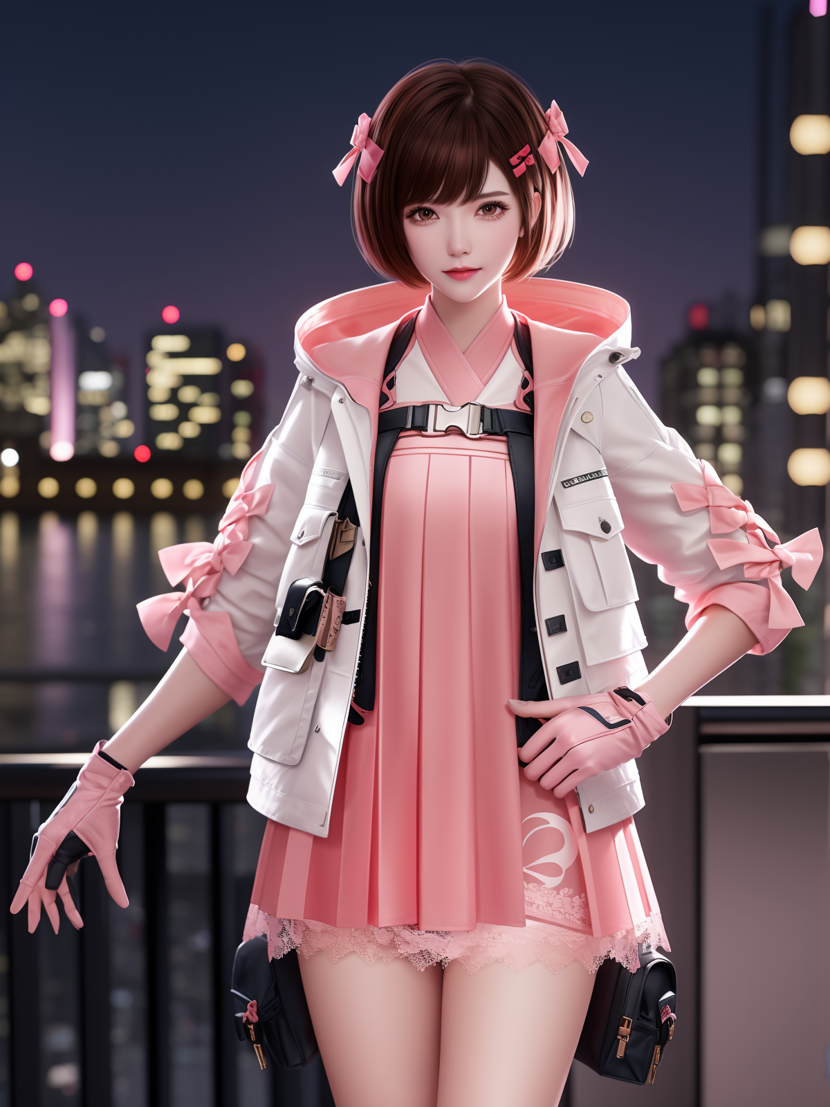 00790-1498905466-CFguanxiaoyuQF, 1girl, solo, gloves, brown hair,short hair, pink dress, brown eyes, jacket,looking at viewer, hairclip, hair bow.png